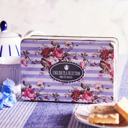 Embossed floral tin with English Breakfast, Afternoon, Earl Grey