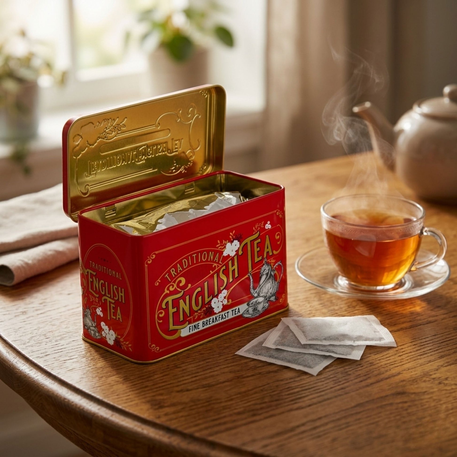 Vintage Victorian red tea tin with gold embossed design