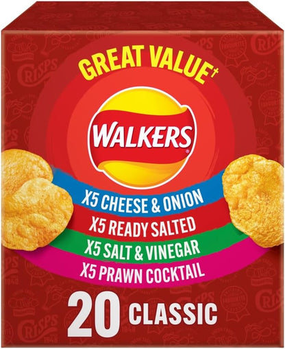 Open multipack of Walkers crisps showing individually wrapped 25g bags