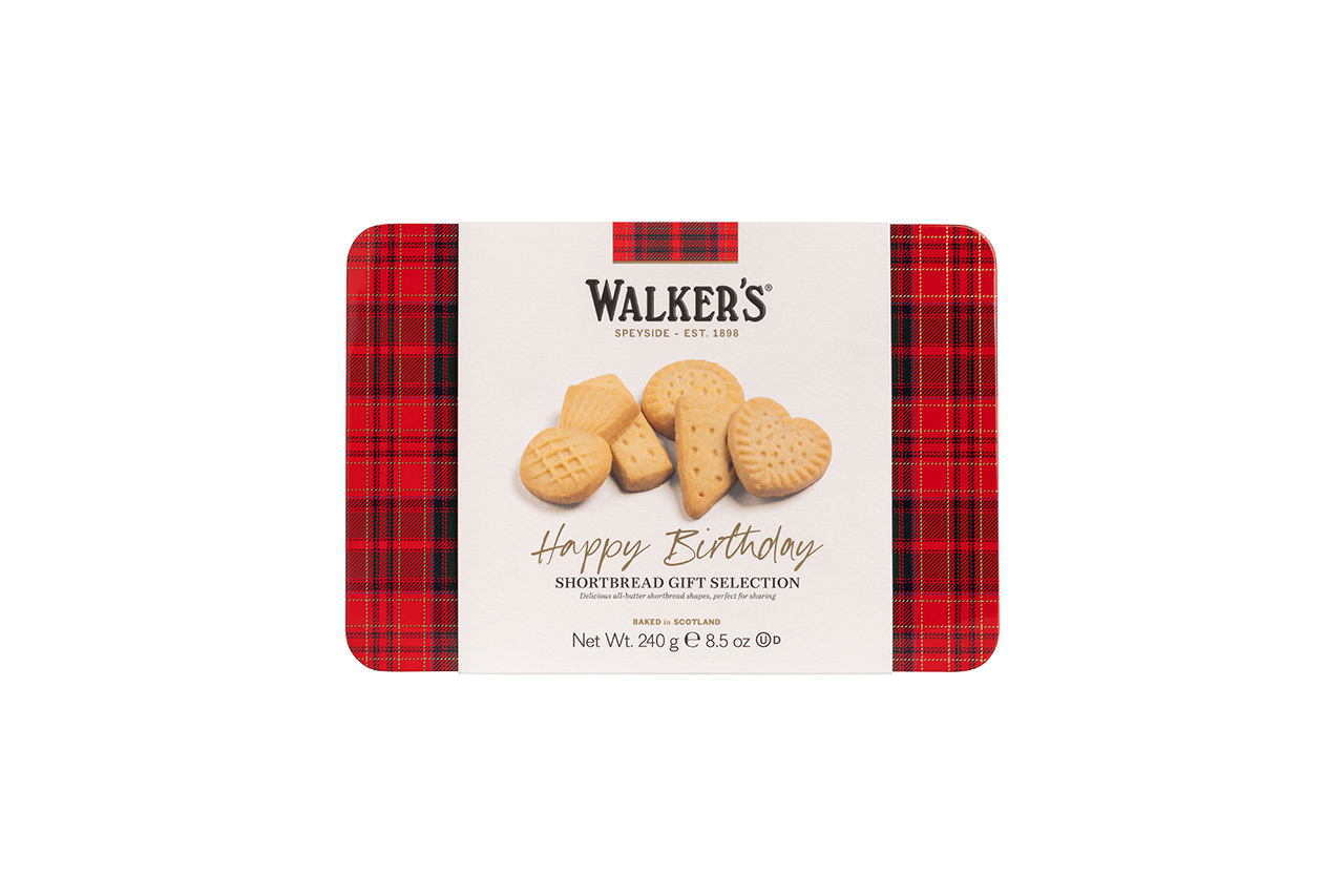 Walkers Happy Birthday Shortbread Tin with assorted shortbread pieces