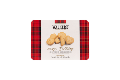 Walkers Happy Birthday Shortbread Tin with assorted shortbread pieces