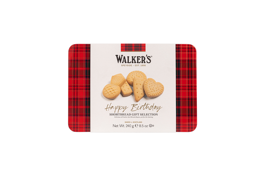 Walkers Happy Birthday Shortbread Tin with assorted shortbread pieces