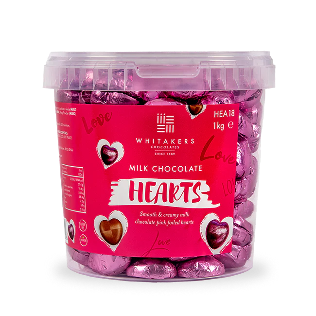 Whitakers Milk Chocolate Pink Foiled Hearts Tub 1kg