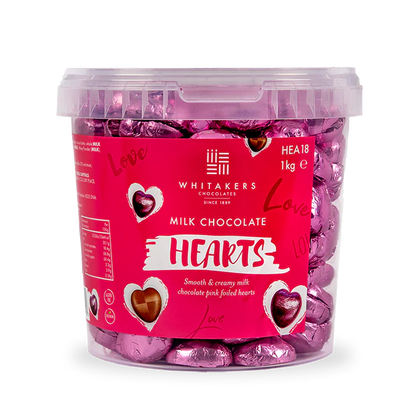 Whitakers Milk Chocolate Pink Foiled Hearts Tub 1kg