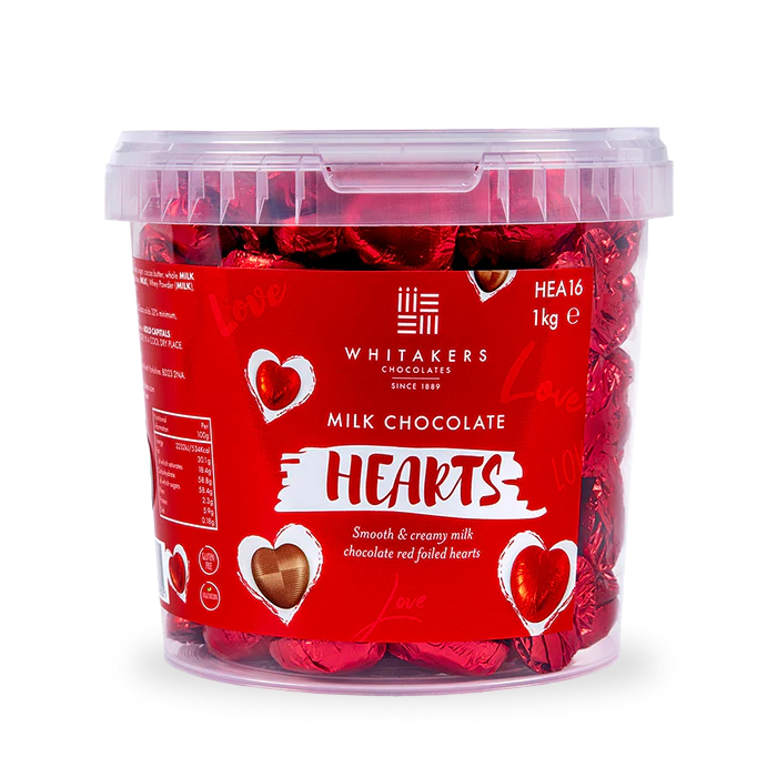 Whitakers Foiled Milk Chocolate Red Hearts Tub 1kg