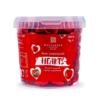 Whitakers Foiled Milk Chocolate Red Hearts Tub 1kg