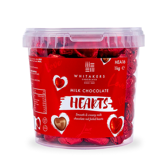 Whitakers Foiled Milk Chocolate Red Hearts Tub 1kg