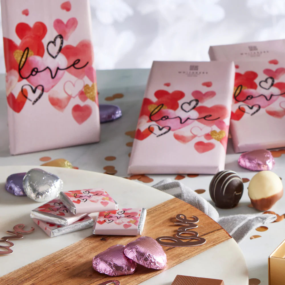 Heart-themed foil wrappers ideal for Valentine’s Day and anniversaries
