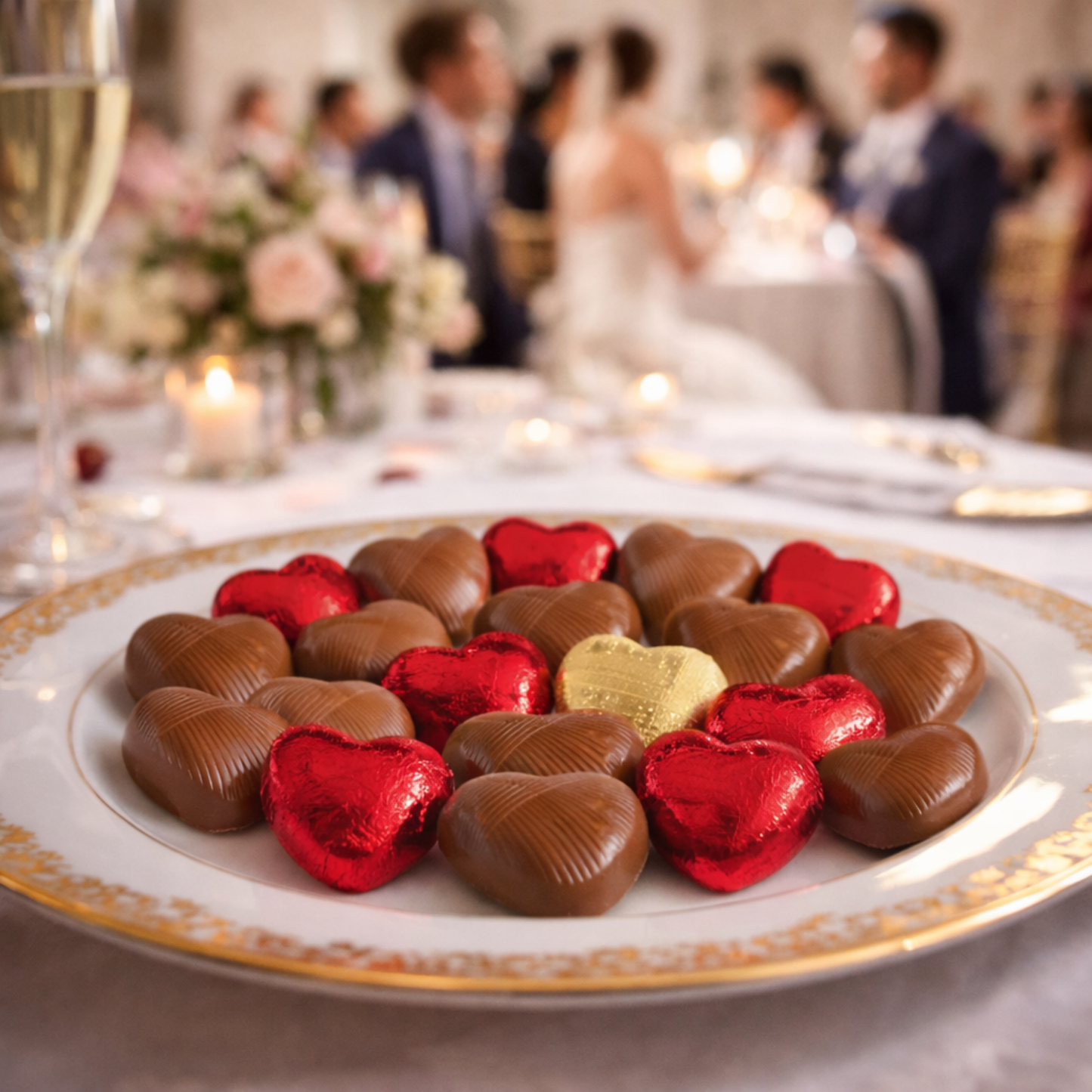 Large box of red foiled milk chocolate hearts for events or gifts