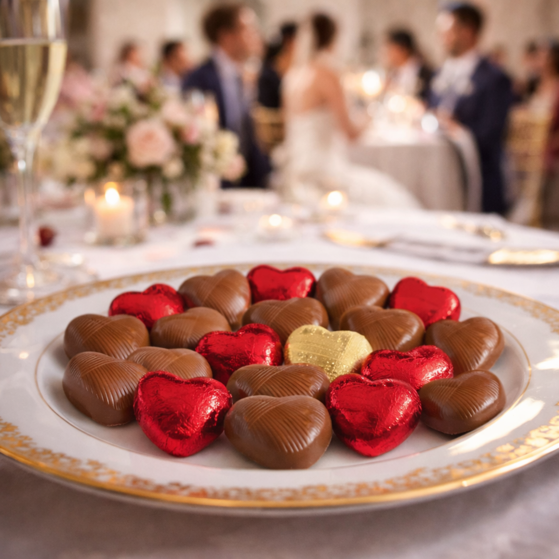 Large box of red foiled milk chocolate hearts for events or gifts
