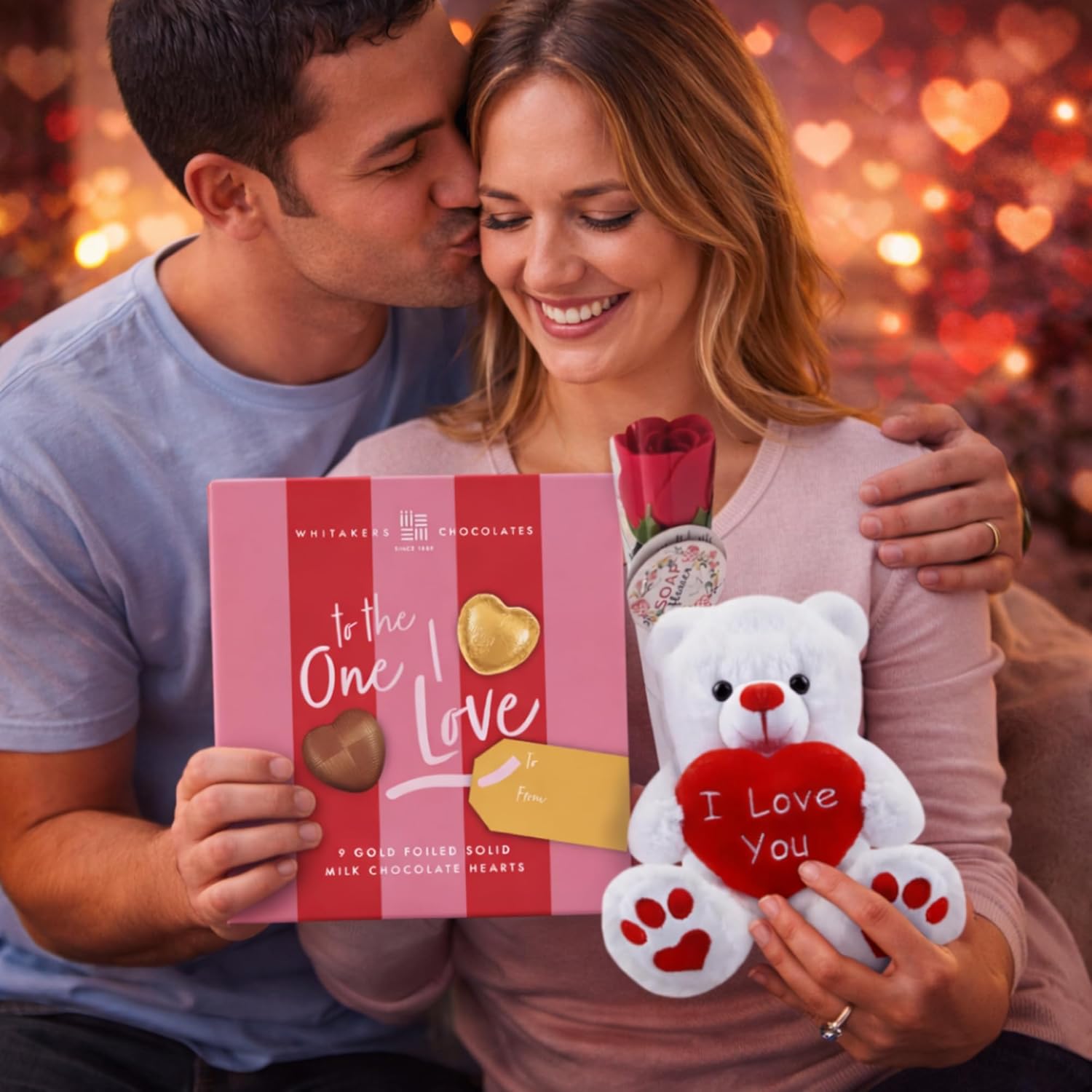 Romantic chocolate gift set with teddy bear and rose included