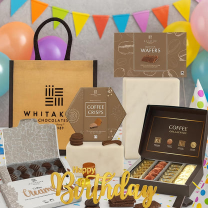 Indulgent Whitakers chocolate selection in tote hamper for birthdays
