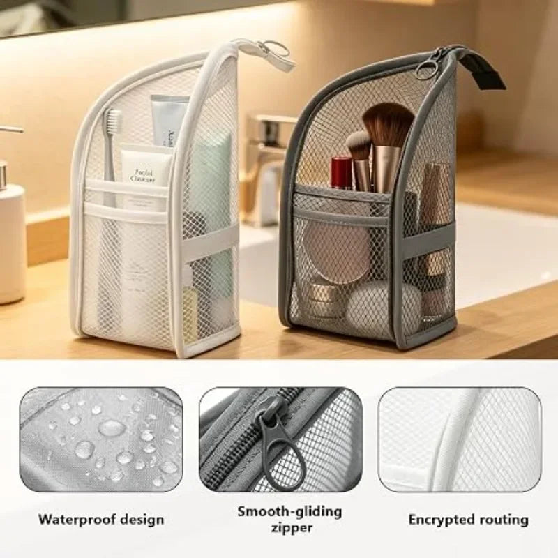 White mesh toiletry organiser for toothbrushes and cosmetics