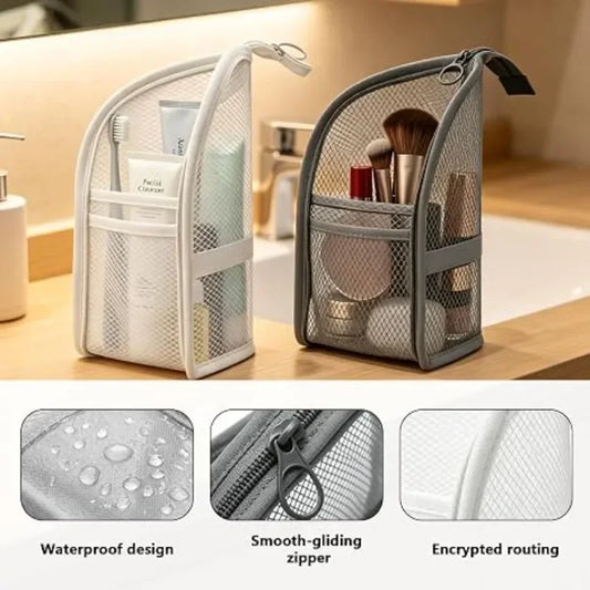 White mesh toiletry organiser for toothbrushes and cosmetics