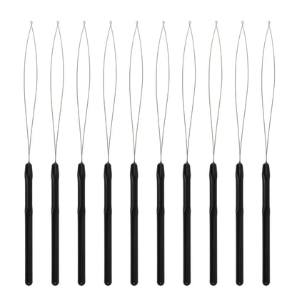 Hair extension loop needle tool in use threading through bead