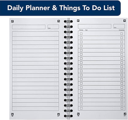 Navy and white wirebound task pad for daily planning