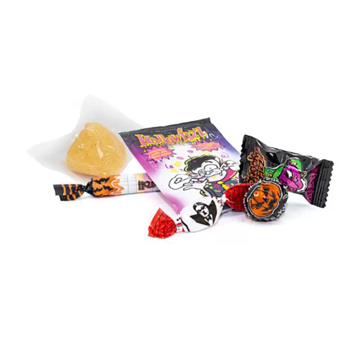 Halloween pumpkin bucket with hard candies, marshmallows, and treats