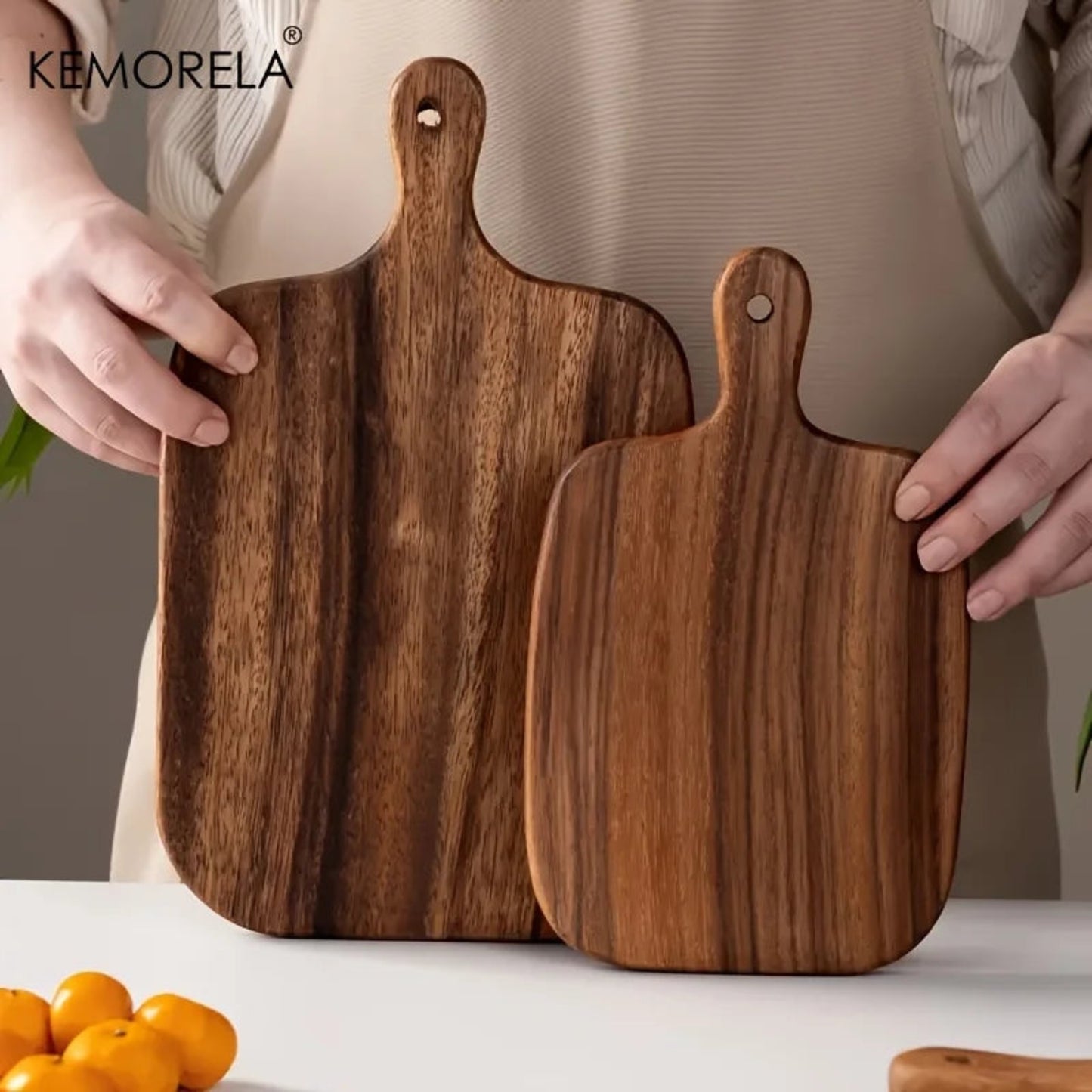 Wooden cutting board with handle for kitchen food preparation