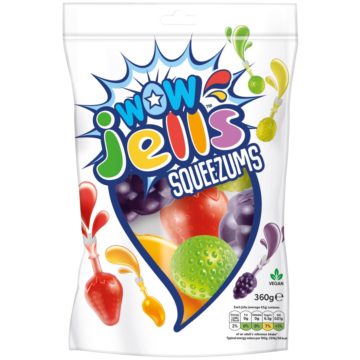 Wow Jells Squeezums 360g fruity gel snacks in squeezable pouches for kids and parties