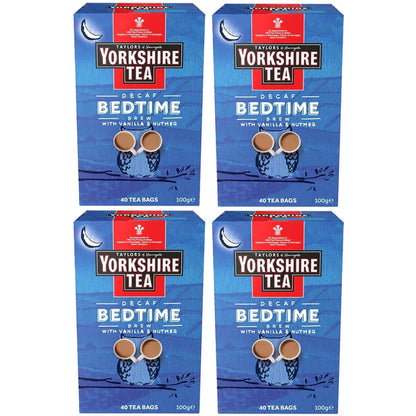 Yorkshire Tea Bedtime Brew decaf black tea with herbs and spices – case of 4 packs, 40 tea bags each, ideal for a relaxing evening cup.