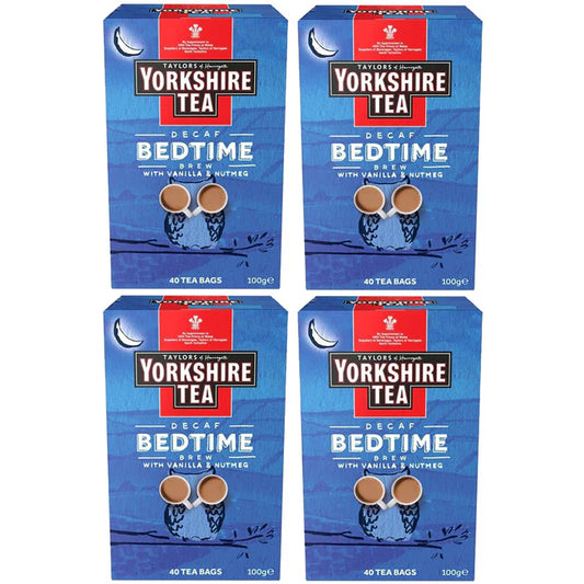 Yorkshire Tea Bedtime Brew decaf black tea with herbs and spices – case of 4 packs, 40 tea bags each, ideal for a relaxing evening cup.